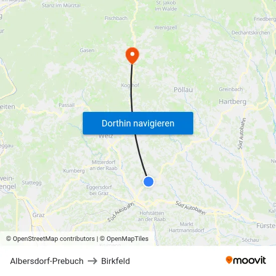 Albersdorf-Prebuch to Birkfeld map