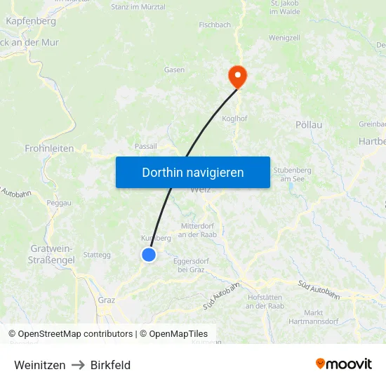 Weinitzen to Birkfeld map