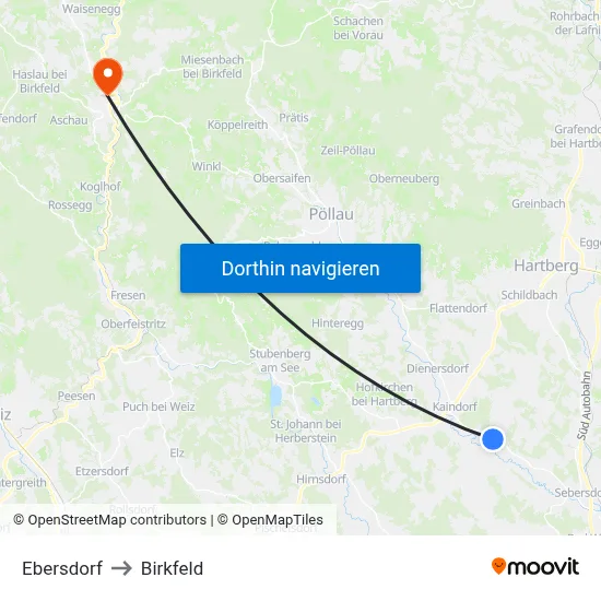 Ebersdorf to Birkfeld map