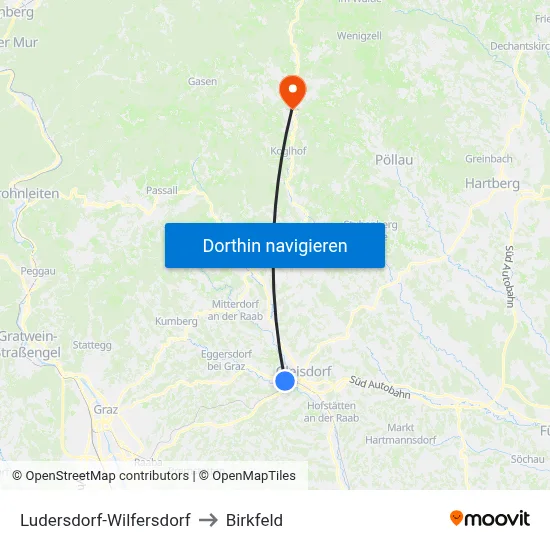 Ludersdorf-Wilfersdorf to Birkfeld map