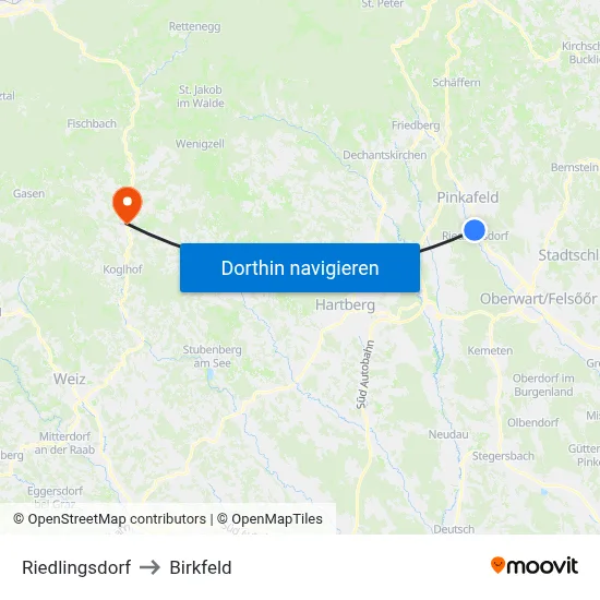 Riedlingsdorf to Birkfeld map