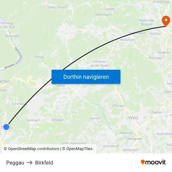 Peggau to Birkfeld map