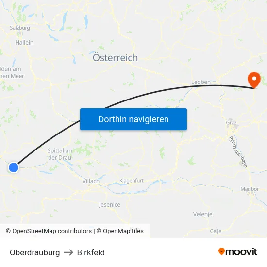 Oberdrauburg to Birkfeld map