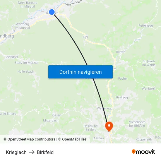 Krieglach to Birkfeld map