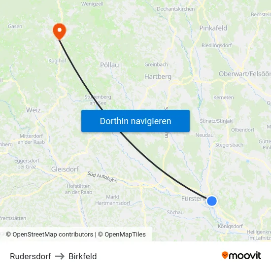 Rudersdorf to Birkfeld map