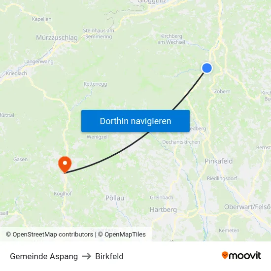 Gemeinde Aspang to Birkfeld map