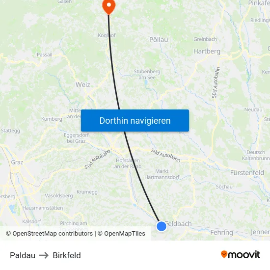 Paldau to Birkfeld map