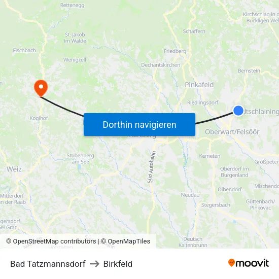 Bad Tatzmannsdorf to Birkfeld map