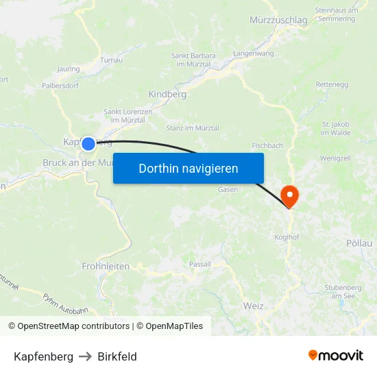 Kapfenberg to Birkfeld map