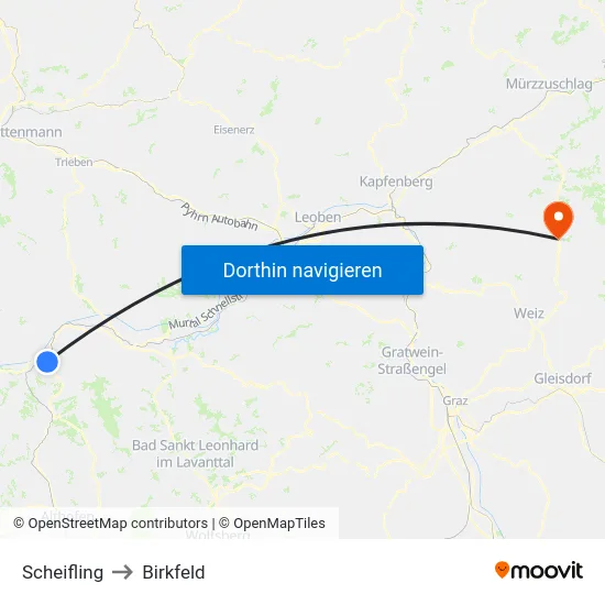 Scheifling to Birkfeld map