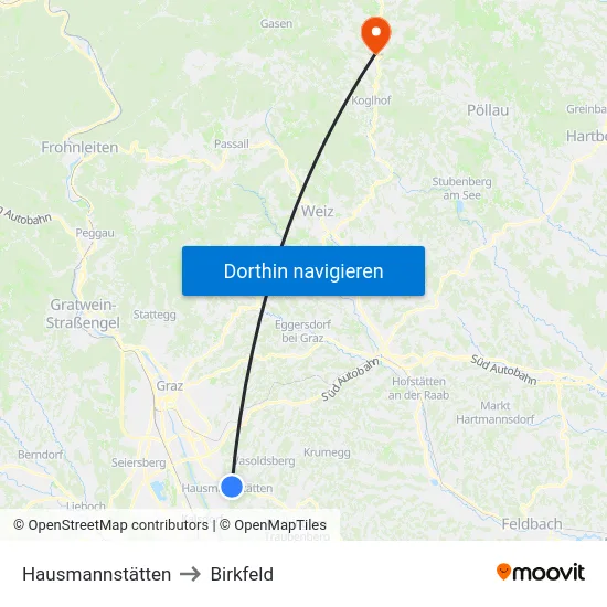 Hausmannstätten to Birkfeld map