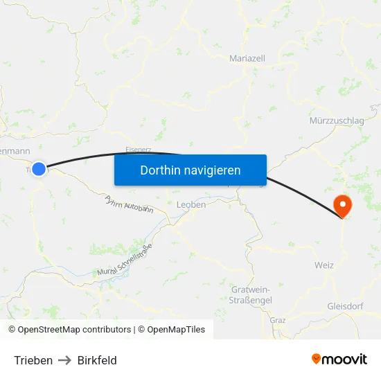 Trieben to Birkfeld map