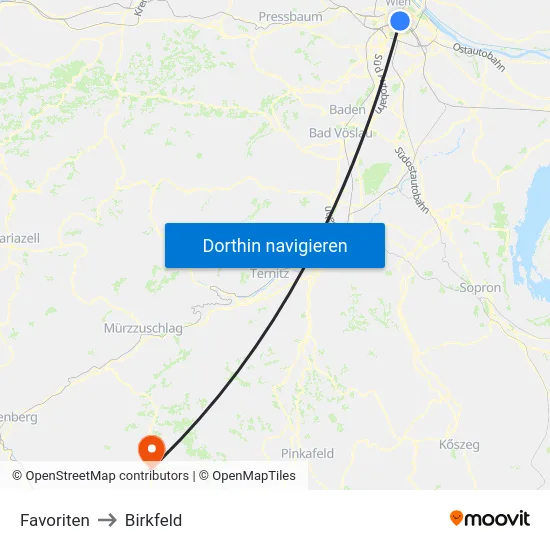 Favoriten to Birkfeld map