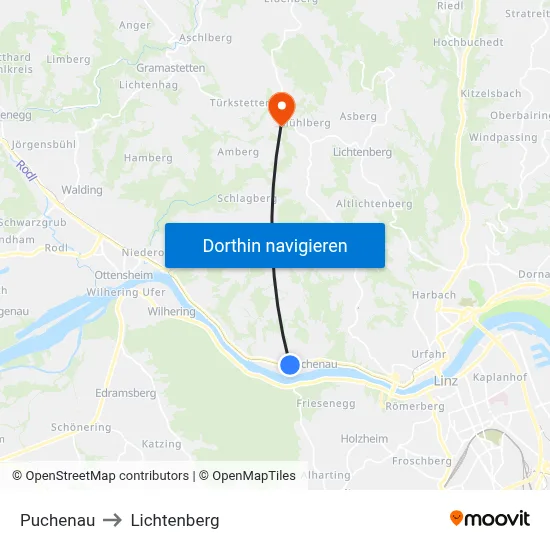 Puchenau to Lichtenberg map