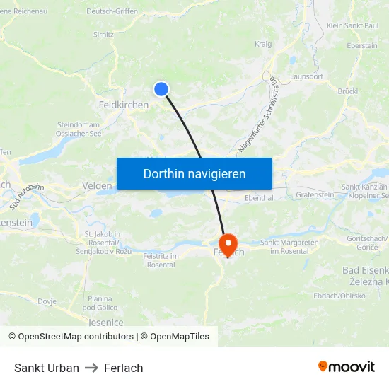 Sankt Urban to Ferlach map
