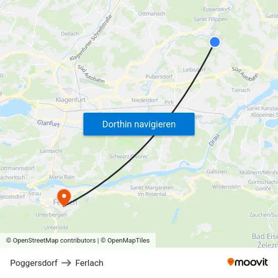 Poggersdorf to Ferlach map