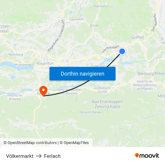 Völkermarkt to Ferlach map