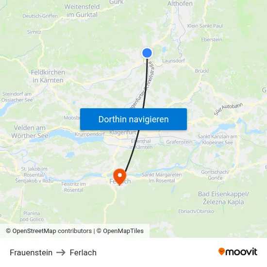 Frauenstein to Ferlach map