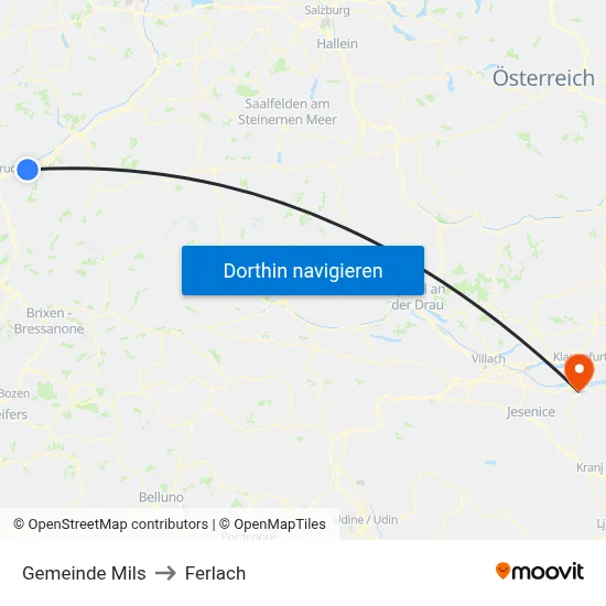 Gemeinde Mils to Ferlach map