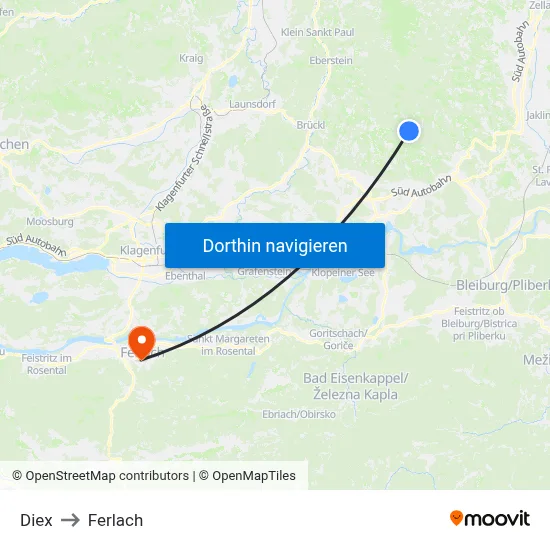Diex to Ferlach map