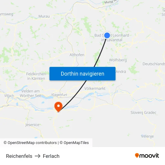 Reichenfels to Ferlach map