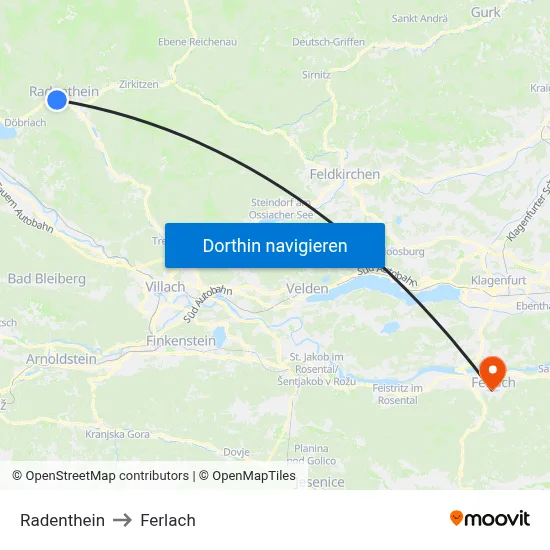 Radenthein to Ferlach map