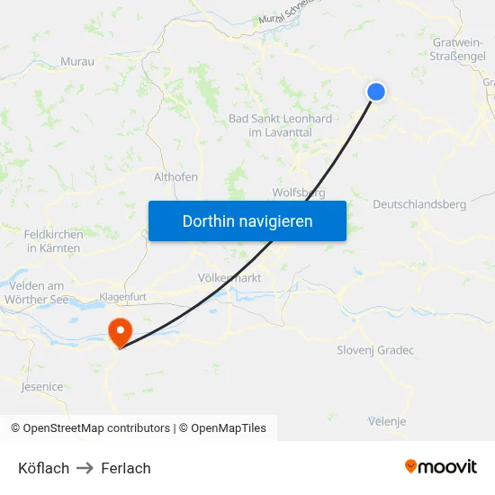 Köflach to Ferlach map
