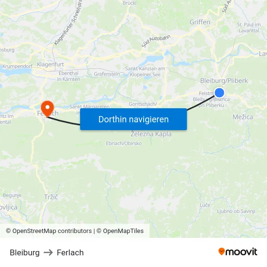 Bleiburg to Ferlach map