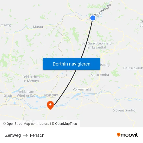 Zeltweg to Ferlach map