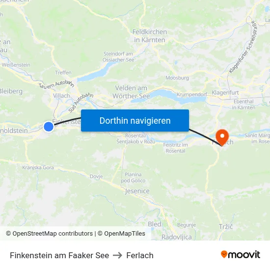 Finkenstein am Faaker See to Ferlach map
