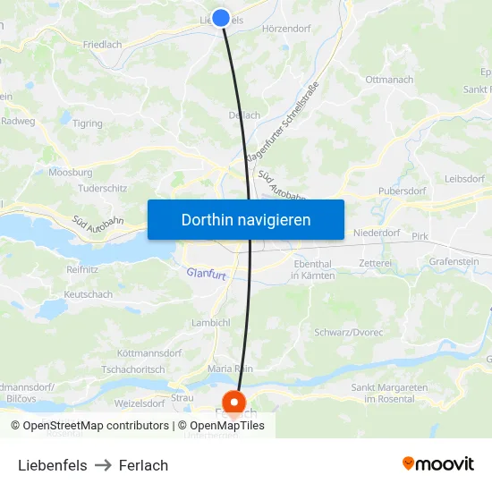 Liebenfels to Ferlach map