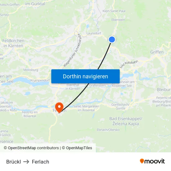 Brückl to Ferlach map