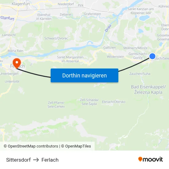 Sittersdorf to Ferlach map