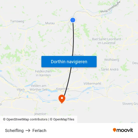 Scheifling to Ferlach map
