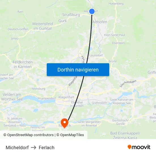 Micheldorf to Ferlach map
