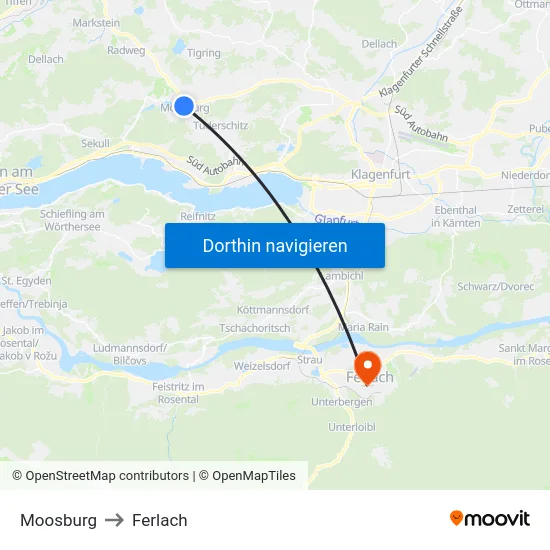 Moosburg to Ferlach map