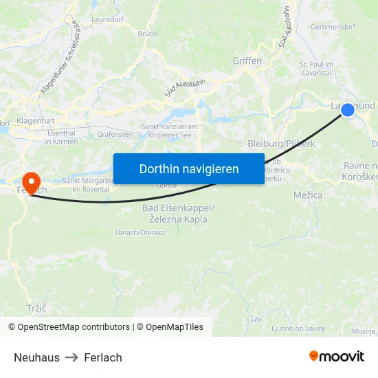 Neuhaus to Ferlach map