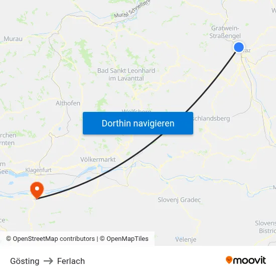 Gösting to Ferlach map
