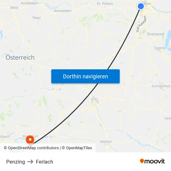 Penzing to Ferlach map