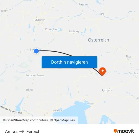 Amras to Ferlach map