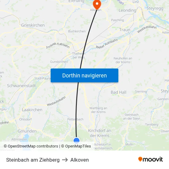 Steinbach am Ziehberg to Alkoven map
