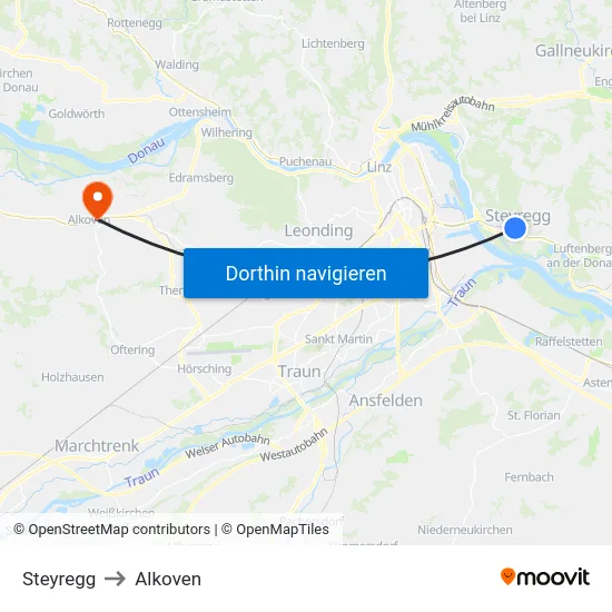 Steyregg to Alkoven map