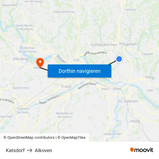 Katsdorf to Alkoven map
