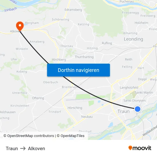 Traun to Alkoven map
