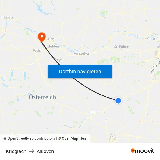 Krieglach to Alkoven map