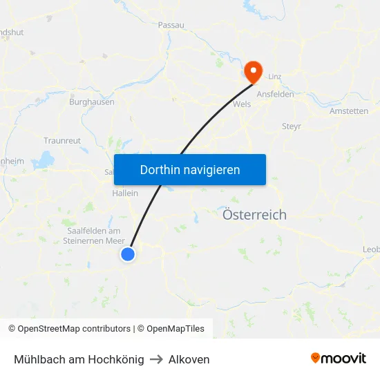 Mühlbach am Hochkönig to Alkoven map