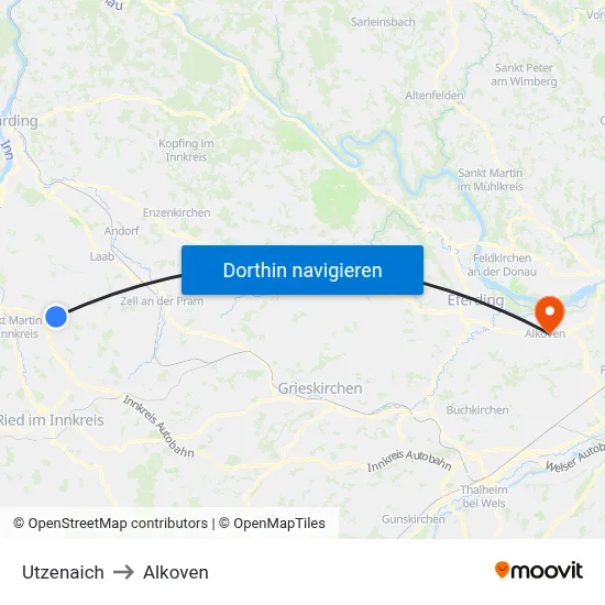 Utzenaich to Alkoven map