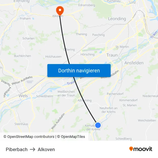 Piberbach to Alkoven map