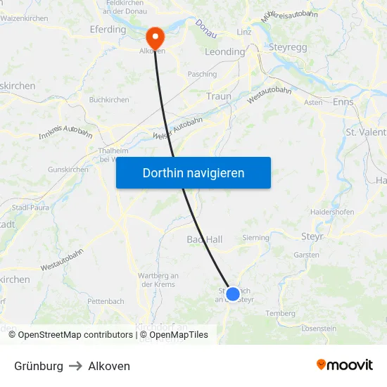Grünburg to Alkoven map