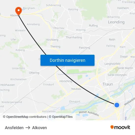 Ansfelden to Alkoven map
